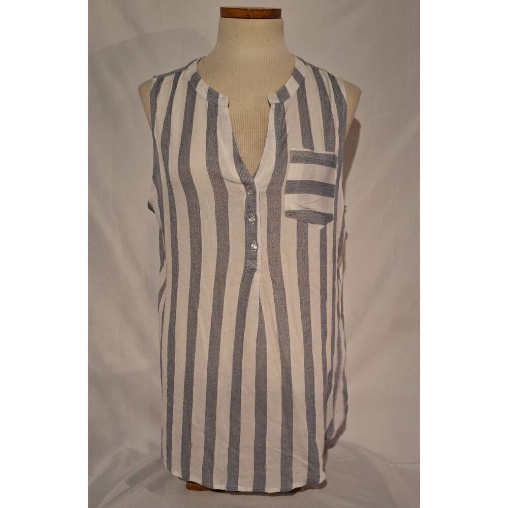 Market & Spruce Prat Sleeveless Henley Blue Striped Blouse Womens Size Large New